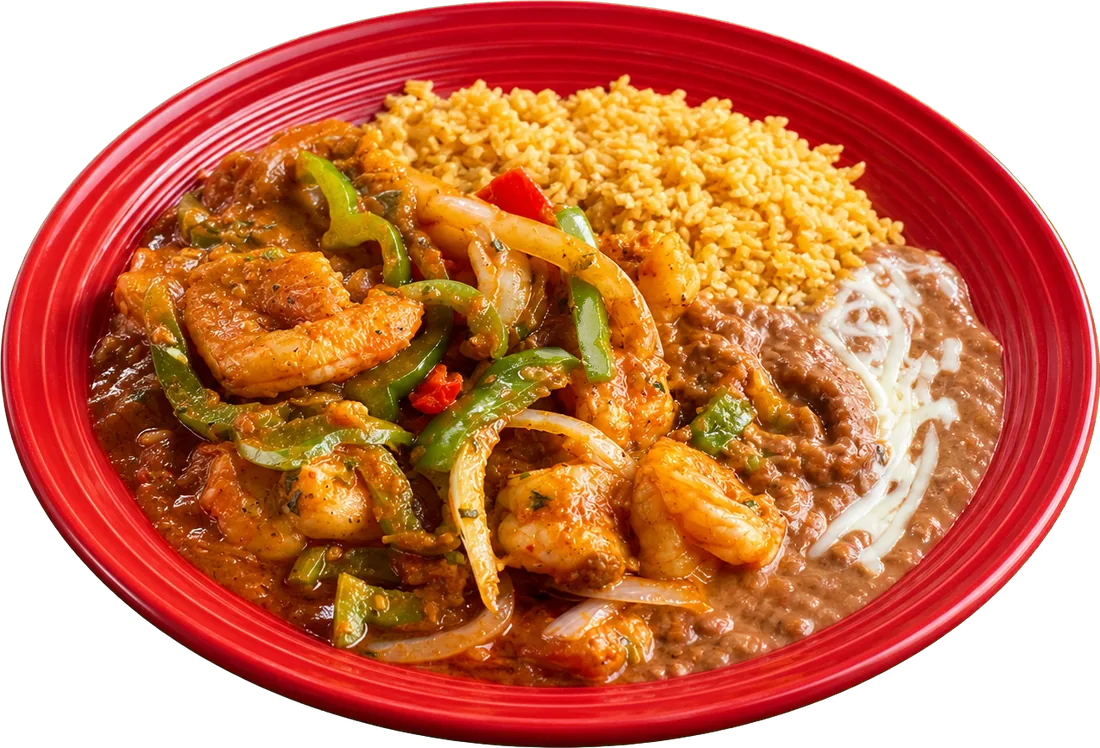 Camarones rancheros — shrimp sautéed in red sauce with bell peppers and onions, with rice and beans
