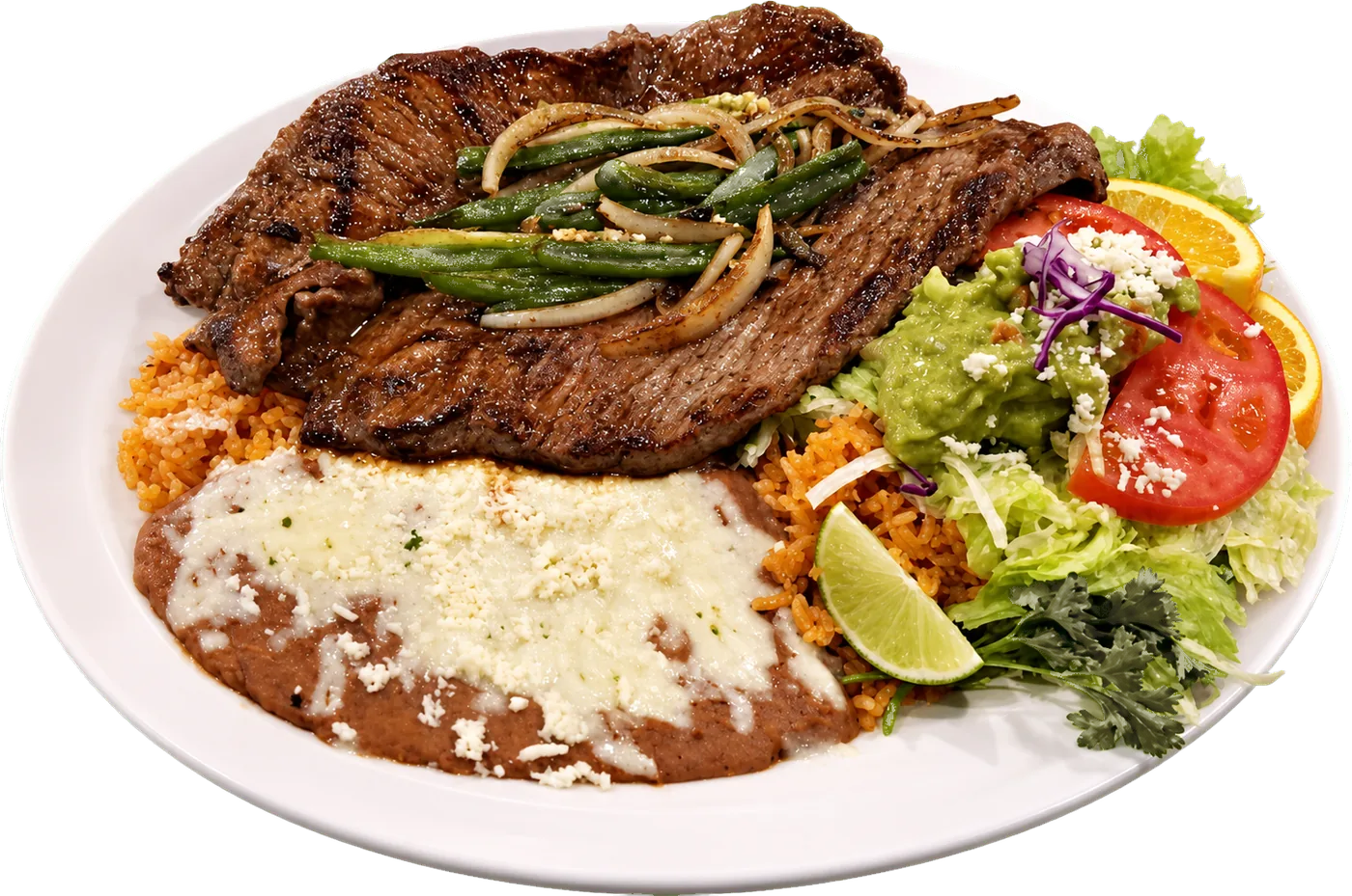 El Jardín carne asada plate — grilled steak with grilled onions and nopales, rice, beans con queso and guacamole salad